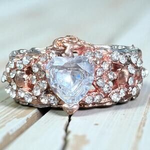 Rose Gold & Silver Floral Crystal Ring Size 6
